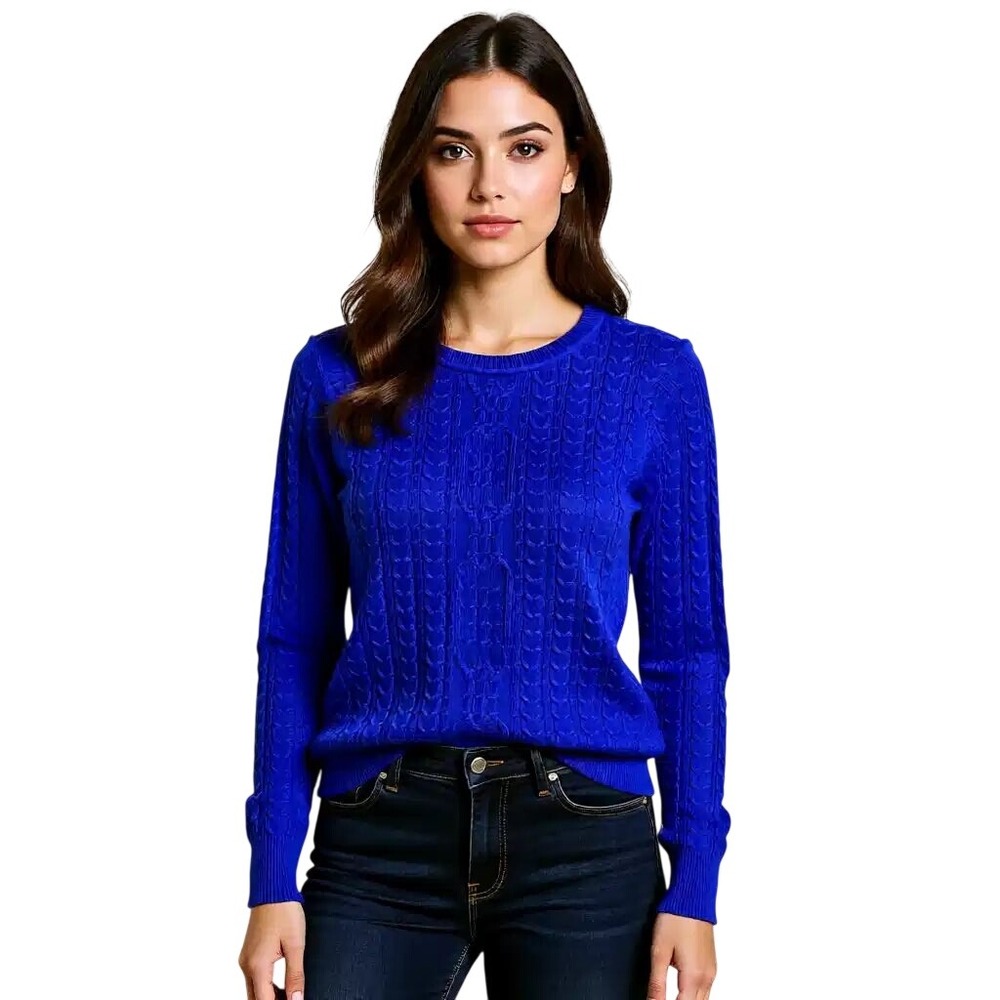 Laura Scott Women Royal Blue Cable Knit Crew Neck Long Sleeve Sweater Top Size S